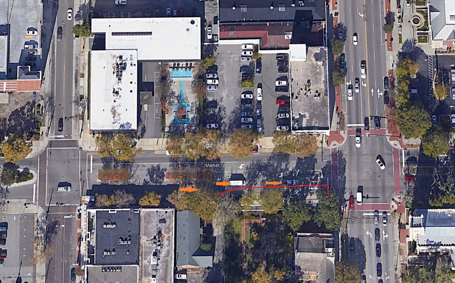 200 block of Market St outermost eastbound lane closure map